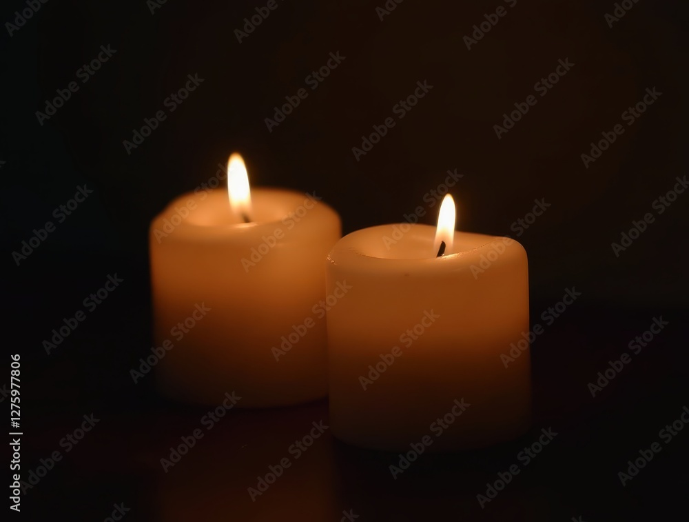 Two burning candles creating a solemn atmosphere in a dark room Two burning candles creating a solemn atmosphere in a dark room