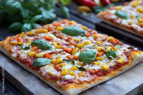 Freshly baked pizzas on a rustic wooden cutting board, great for food photography or meal prep