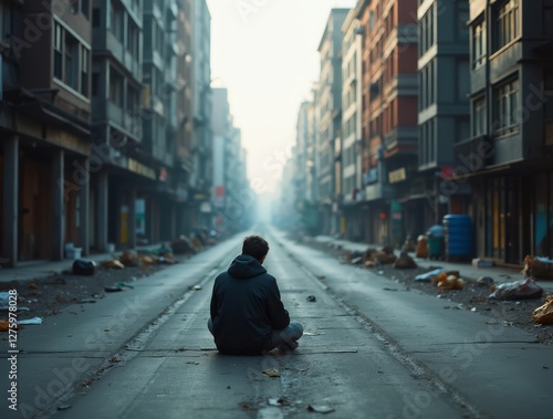 Solitary figure sitting in deserted urban street photo