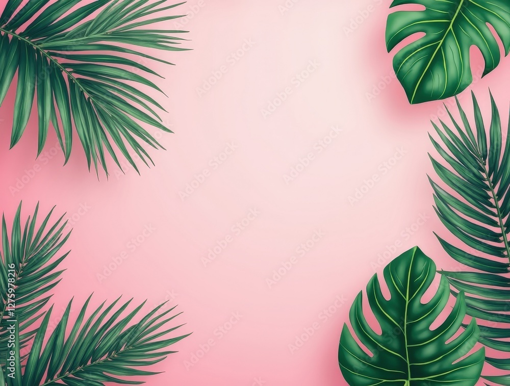 Tropical summer background featuring lush palm and monstera leaves on pink Tropical summer background featuring lush palm and monstera leaves on pink