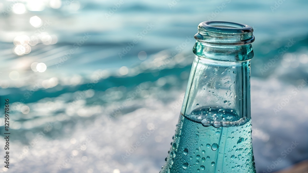 A refreshing glass bottle with condensation drops standing near the ocean waves. A concept of hydration, freshness, and a healthy lifestyle. A refreshing glass bottle with condensation drops standing near the ocean waves. A concept of hydration, freshness, and a healthy lifestyle.
