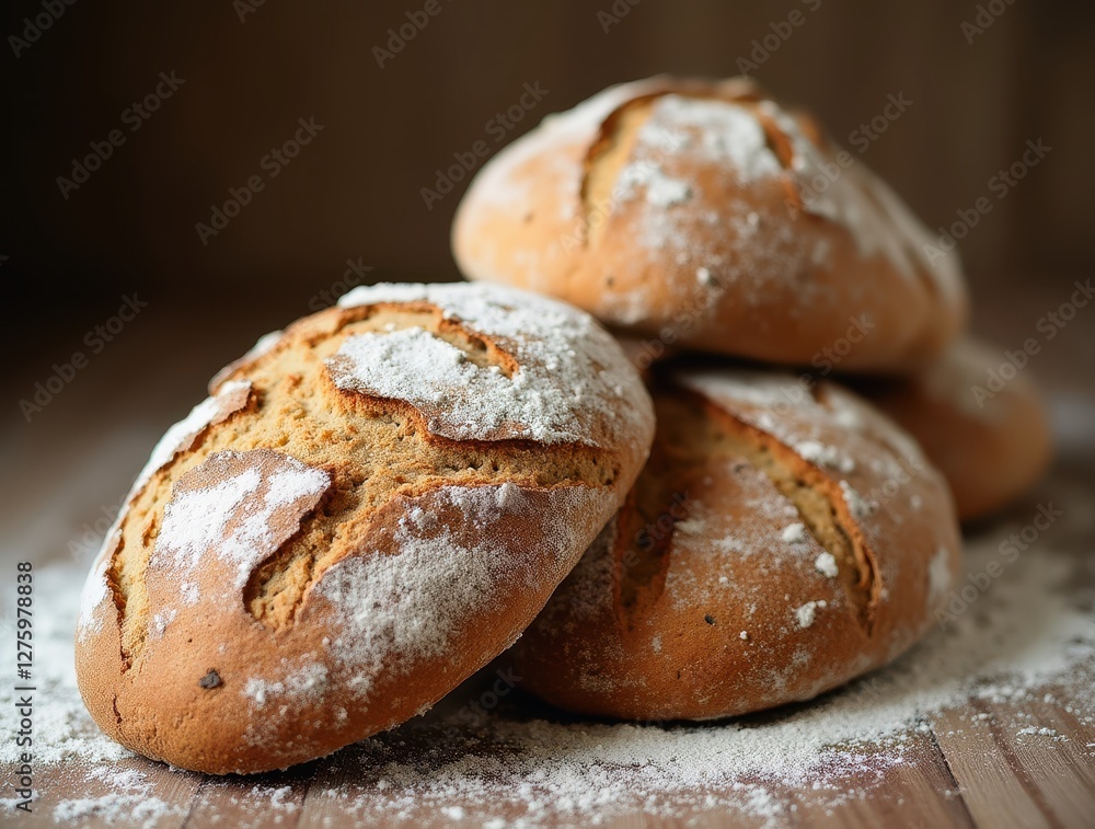 Freshly baked sourdough loaves resting on a wooden table, dusted with flour Freshly baked sourdough loaves resting on a wooden table, dusted with flour