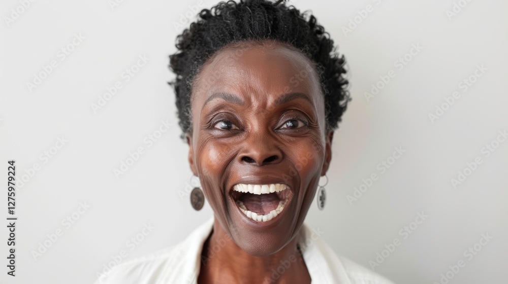 The image captures a joyful individual with an exuberant smile against a neutral background. The image captures a joyful individual with an exuberant smile against a neutral background.