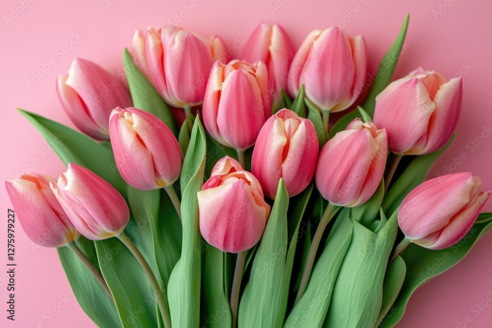 A beautiful bouquet of pink tulips against a pink background, perfect for romantic or floral-themed projects A beautiful bouquet of pink tulips against a pink background, perfect for romantic or floral-themed projects
