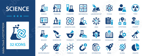 Science icon set. Laboratory, scientific, pharmacy, physics, biology, laboratory, gear, toxic,research.