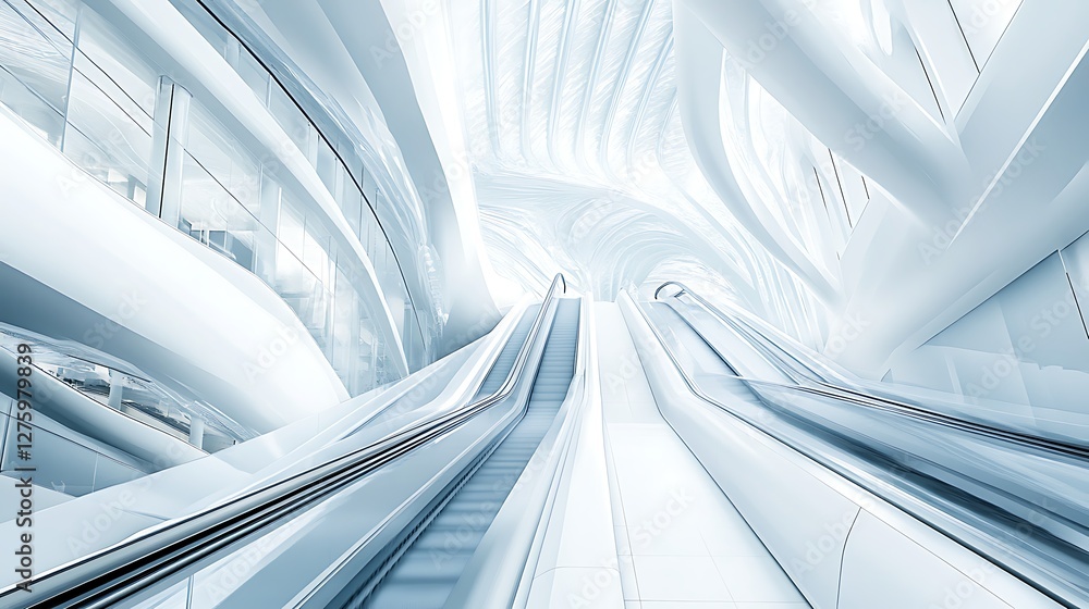 Futuristic escalator, modern building, interior Futuristic escalator, modern building, interior