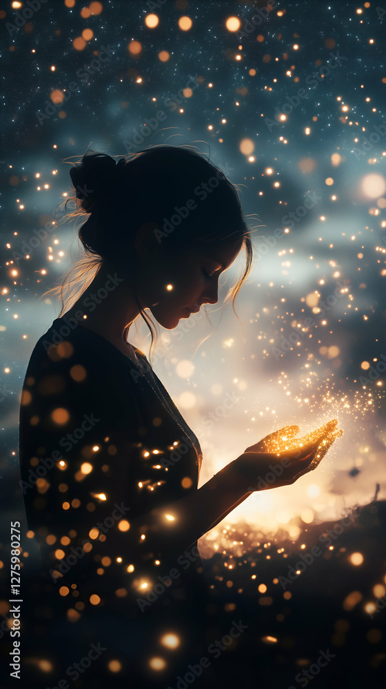 Fototapeta premium mystical woman glow sparkles serene illustration, dreamy meditation