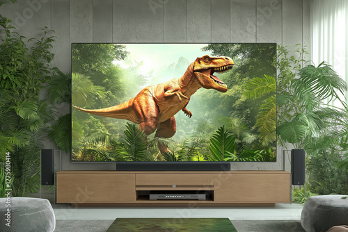 Fototapeta Naklejka Na Ścianę i Meble -  ultra hd tv displaying dynamic dinosaur in lush forest setting, eco friendly  technology concept