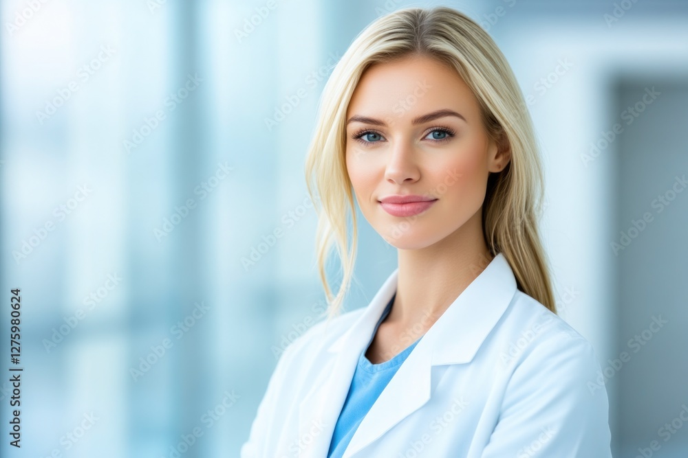 Confident female scientist in white coat in lab Confident female scientist in white coat in lab