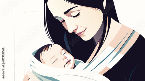 Mother gazing lovingly at sleeping newborn. Modern stylized illustration with bold lines. Concept: maternity care, family services, pediatrics. Mother's Day