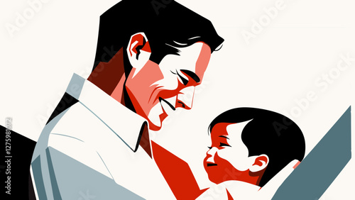 Father tenderly cradles infant while looking down with joy. Modern illustration using bold shapes and limited color palette. Urban setting suggested by graphic style. Concept: parenting services
