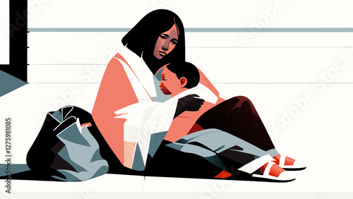 Mother in peach shawl holds child on ground. Minimalist style conveys displacement. Somber expression suggests hardship. Concept: family support services, refugee aid, maternal care, homeless