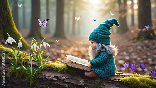 Gnome reading a book in the forest