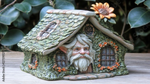 Enchanted Fairy House with Mossy Roof and Gnome Face Decoration against Foliage Background photo