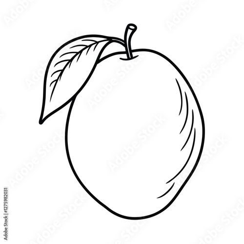 Line art drawing of a single mango with leaf