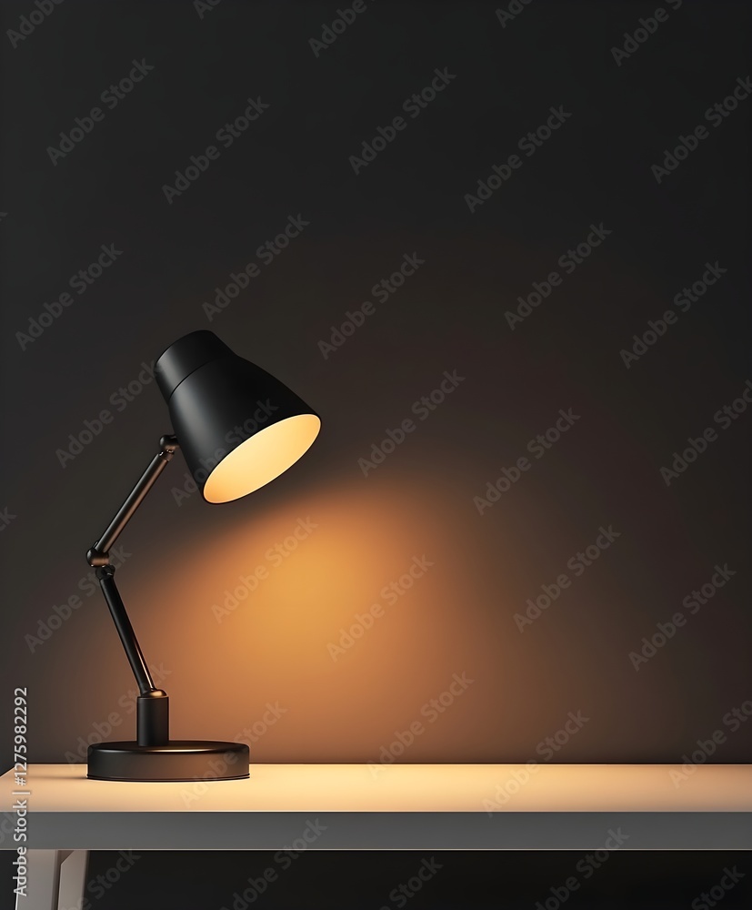 A small table lamp with black shades on the white desk A small table lamp with black shades on the white desk
