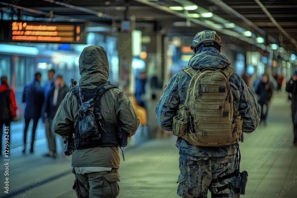 A scene at a train platform with two people waiting, one holding a suitcase and the other looking around A scene at a train platform with two people waiting, one holding a suitcase and the other looking around