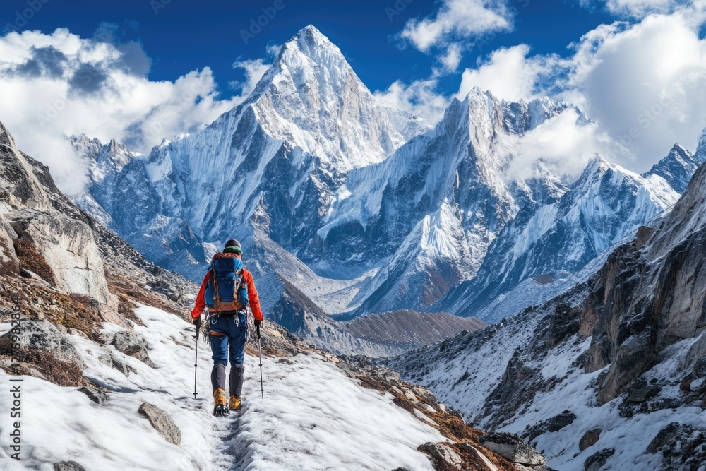 A person hikes up a snowy mountain with trekking poles and backpack, ideal for use in winter sports or outdoor adventure scenes A person hikes up a snowy mountain with trekking poles and backpack, ideal for use in winter sports or outdoor adventure scenes