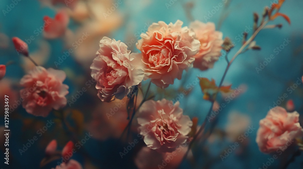 Soft focus pink carnations on teal background. Soft focus pink carnations on teal background.