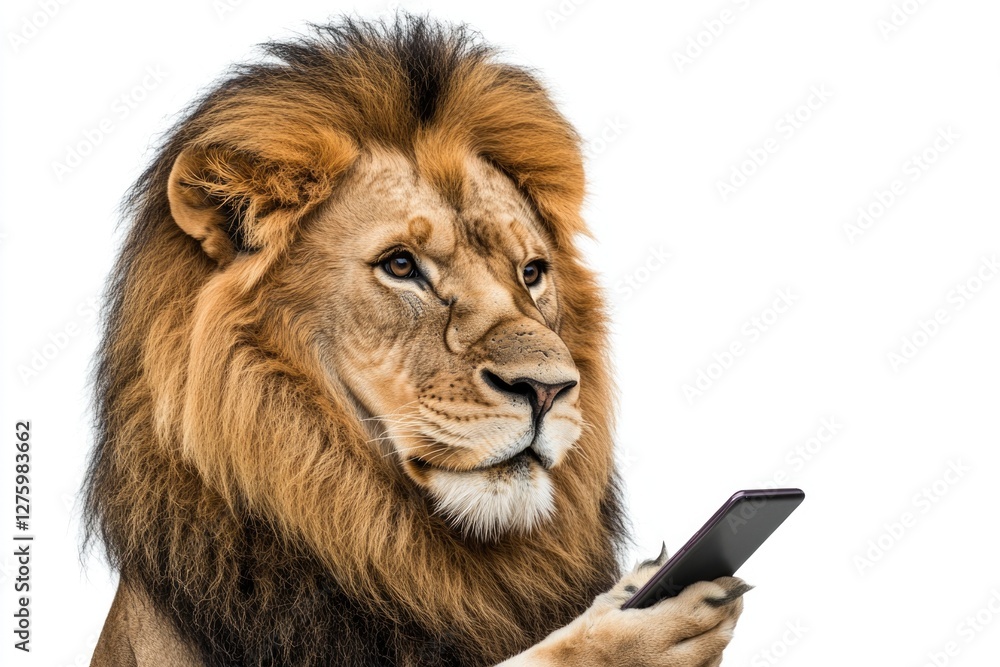 Fototapeta premium A lion holds a cell phone in its paw, offering a unique and unexpected scene
