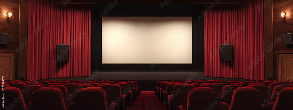 custom made wallpaper toronto digitalA large blank frame on the wall of an empty movie theater with red velvet curtains