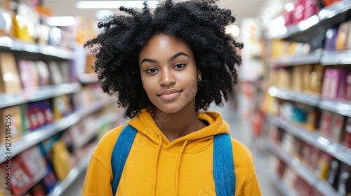 Tech-Savvy Shopper Using Virtual Try-On Tools in a Colorful Store Aisle with Products on Shelves
