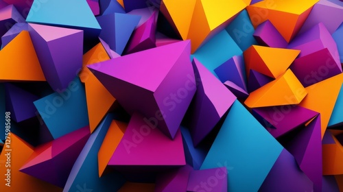 Abstract geometric shapes in vibrant colors, overlapping and forming a modern, dynamic design with shadows and depth on a minimalist background