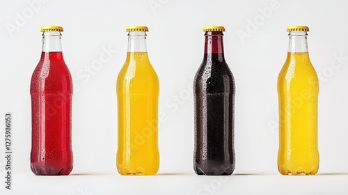 Four colorful soda bottles with condensation on a white background, showcasing vibrant drinks