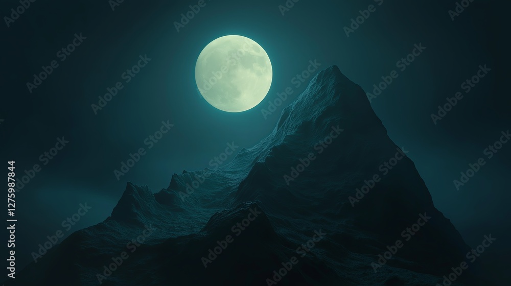 Fototapeta premium A dark mountain silhouette against a glowing moon