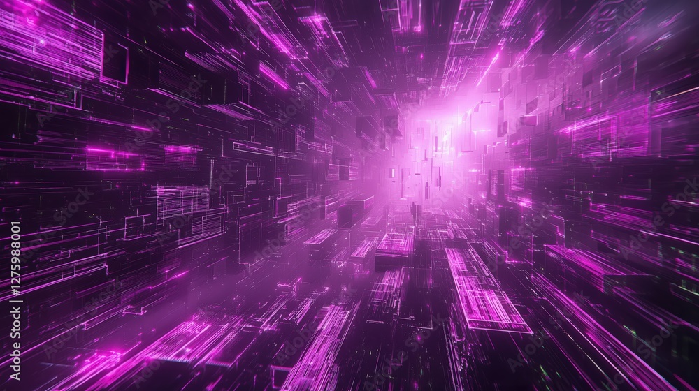 Abstract technology purple background with squares and sparkling particles, copy space, horizontal