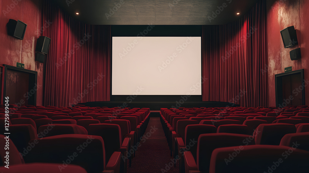 A large blank frame on the wall of an empty movie theater with red velvet curtains
A large blank frame on the wall of an empty movie theater with red velvet curtains