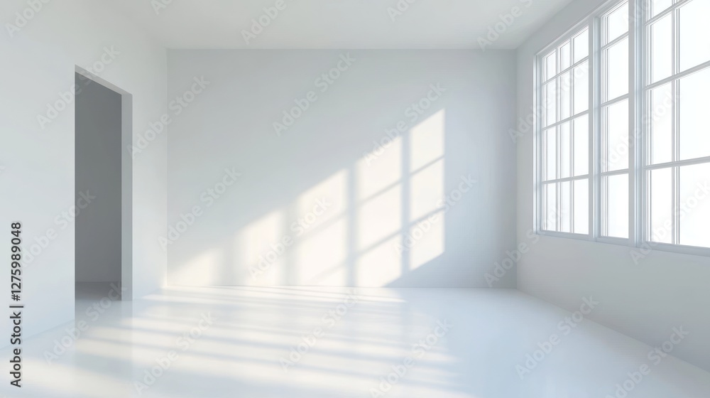 Sunlight streams into an empty, white room with a door and large window. Sunlight streams into an empty, white room with a door and large window.