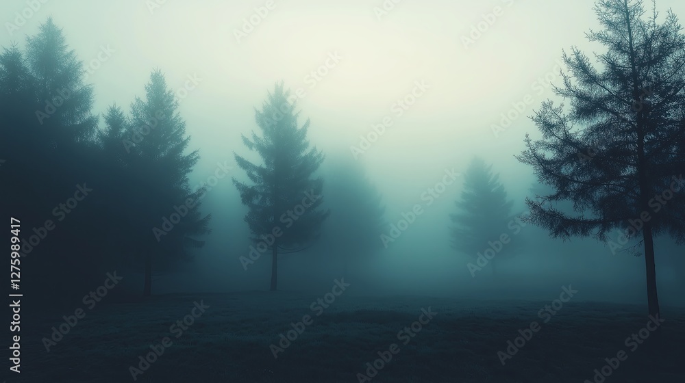 A foggy forest with silhouettes of trees fading into the mist. A foggy forest with silhouettes of trees fading into the mist.