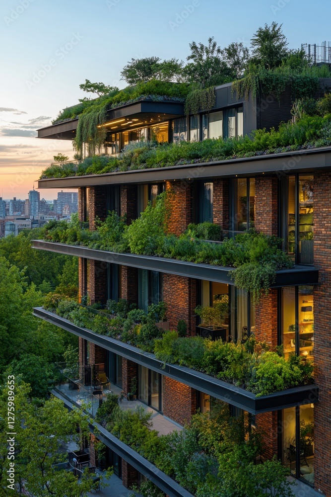 Modern Urban Apartment Building with Lush Green Balconies and Rooftop Garden Overlooking Cityscape at Sunset