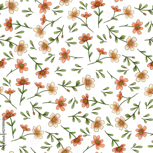 Little Watercolor Flowers Seamless Pattern, Hand Drawn Floral All Over Print Design	 on White Background.