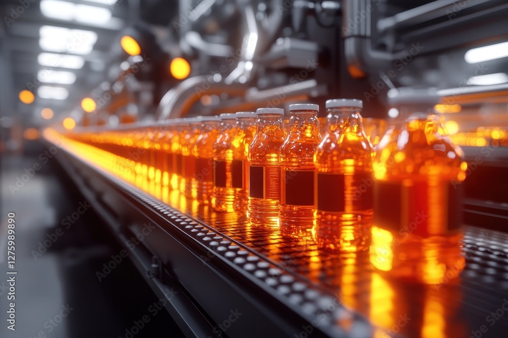 Automated Beverage Bottling Line with Glowing Orange Bottles in Modern Industrial Factory Setting Automated Beverage Bottling Line with Glowing Orange Bottles in Modern Industrial Factory Setting
