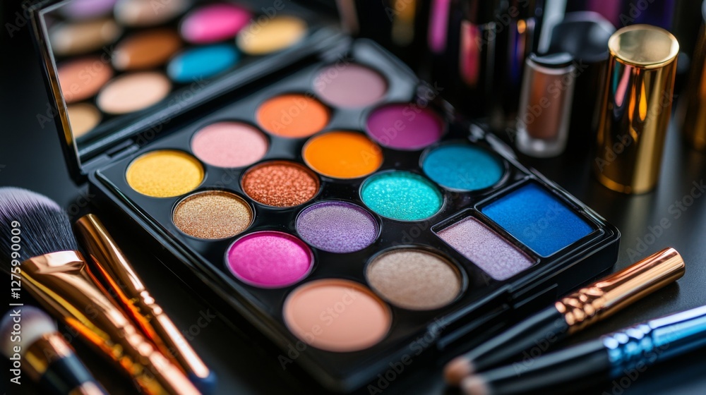 A close-up of an open compact mirror reflecting a vibrant array of colorful eyeshadows, surrounded by brushes and makeup tools, showcasing beauty essentials A close-up of an open compact mirror reflecting a vibrant array of colorful eyeshadows, surrounded by brushes and makeup tools, showcasing beauty essentials