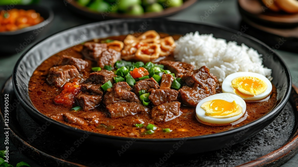 Spicy Indonesian Rendang Beef Stew with Coconut Milk, Lemongrass, and Boiled Eggs Served with Rice Spicy Indonesian Rendang Beef Stew with Coconut Milk, Lemongrass, and Boiled Eggs Served with Rice