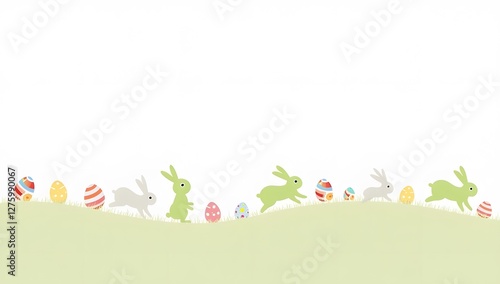 silhouettes of bunnies hopping along the edge, with colorful Easter eggs