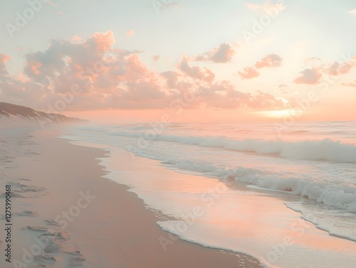 Wallpaper Mural Sunrise on the beach with gentle waves and golden skies in soft pinks and oranges Torontodigital.ca