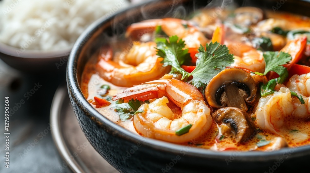 A close-up of a steaming bowl of Tom Yum Goong, filled with shrimp, mushrooms, and fragrant herbs, beautifully arranged with a side of jasmine rice A close-up of a steaming bowl of Tom Yum Goong, filled with shrimp, mushrooms, and fragrant herbs, beautifully arranged with a side of jasmine rice