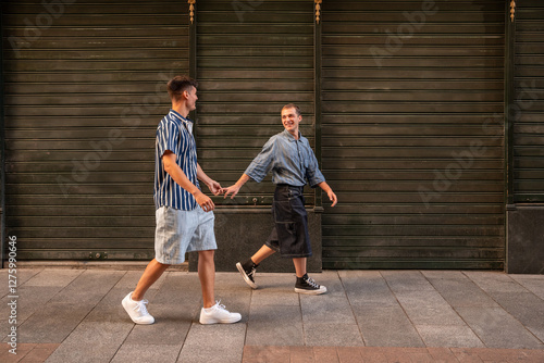 Gay couple strolling hand in hand on the streets of Madrid photo