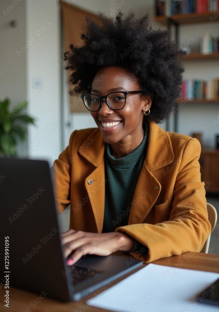 Professional woman working at a laptop in a cozy home office setting Professional woman working at a laptop in a cozy home office setting