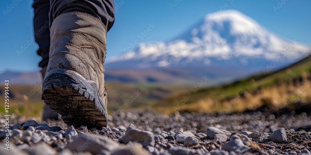 Hiker walking on rocky path with mount ararat in background Hiker walking on rocky path with mount ararat in background