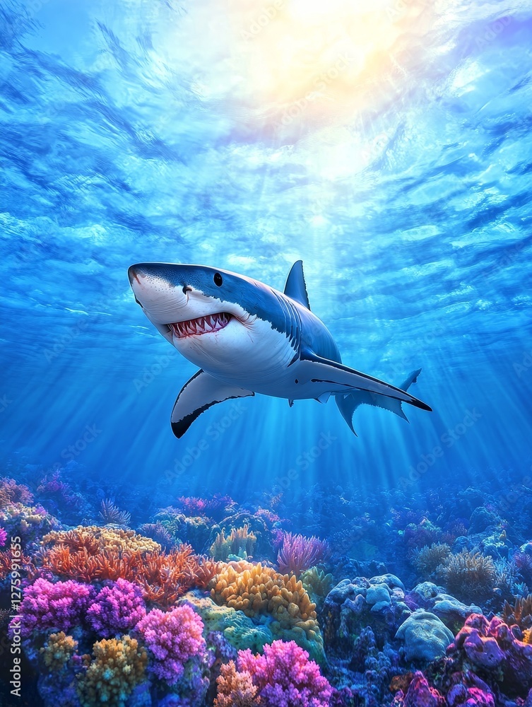Fototapeta premium Great White Shark Over Coral Reef - A majestic great white shark swims gracefully above a vibrant coral reef in a breathtaking underwater scene