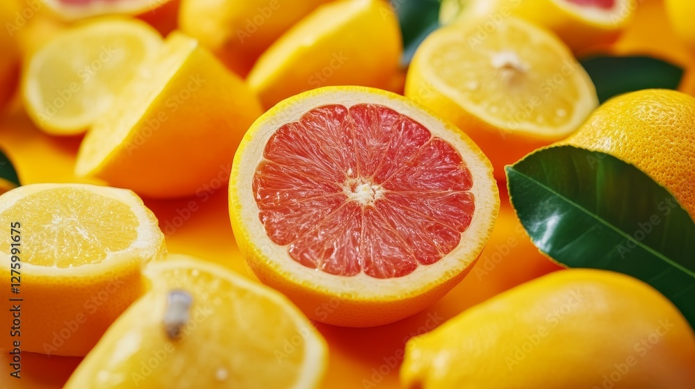 Fresh citrus fruits including lemons and grapefruits arranged on a vibrant yellow background Fresh citrus fruits including lemons and grapefruits arranged on a vibrant yellow background