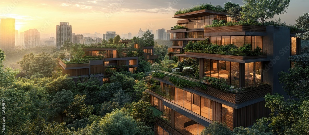 Modern Eco-Friendly Urban Apartments Surrounded by Lush Greenery at Sunrise in a Vibrant Cityscape Modern Eco-Friendly Urban Apartments Surrounded by Lush Greenery at Sunrise in a Vibrant Cityscape