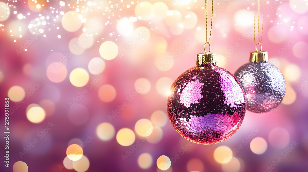 Festive Christmas ornaments against blurred bokeh lights. Possible use Holiday background Festive Christmas ornaments against blurred bokeh lights. Possible use Holiday background