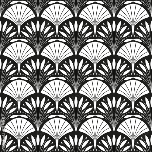 Art Deco seamless pattern. Geometric decorative texture with floral black and white ornament. Vector illustration.