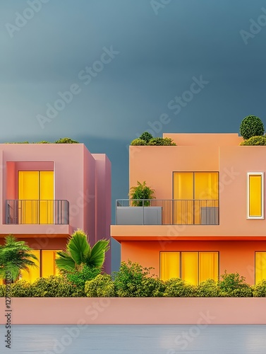 Modern Minimalist Duplex Homes at Dusk - Two modern duplex homes with illuminated windows, showcasing minimalist architecture and a serene evening ambiance photo